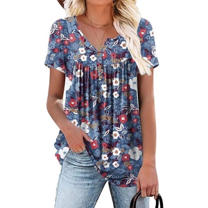 image:imagePOPYOUNG Womens Tunic Tops Short Sleeve Henley Pleated Blouse Loose Fit Summer Shirts for LeggingsBlue Colorful Flowers