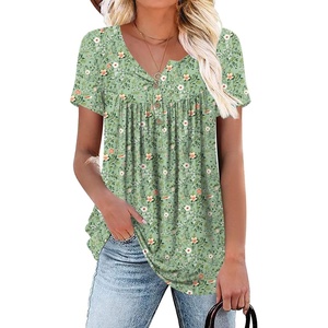 image:imagePOPYOUNG Womens Tunic Tops Short Sleeve Henley Pleated Blouse Loose Fit Summer Shirts for LeggingsGreen Sparrow Painting