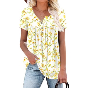 image:imagePOPYOUNG Womens Tunic Tops Short Sleeve Henley Pleated Blouse Loose Fit Summer Shirts for LeggingsHenleyapricot Floret
