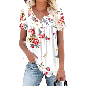image:imagePOPYOUNG Womens Tunic Tops Short Sleeve Henley Pleated Blouse Loose Fit Summer Shirts for LeggingsHenleyfloral White