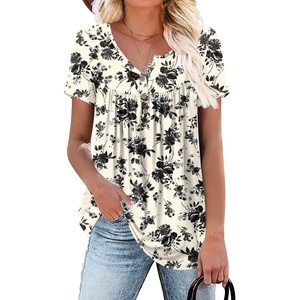 image:imagePOPYOUNG Womens Tunic Tops Short Sleeve Henley Pleated Blouse Loose Fit Summer Shirts for LeggingsKawasakis Rose