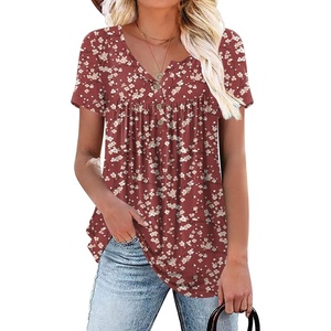 image:imagePOPYOUNG Womens Tunic Tops Short Sleeve Henley Pleated Blouse Loose Fit Summer Shirts for LeggingsVermilion Plum Blossom