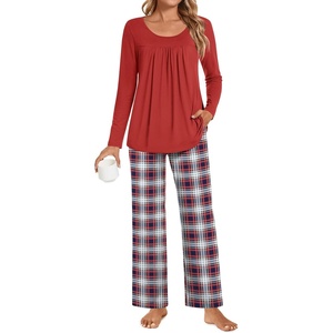 image:imagePOPYOUNG Womens Pajama Set 2 Pieces Fall Pjs Comfy Sleepwear with Pockets  Long Sleeve Top Long Pant Winter Pjs Ladies Pyjamas Lounge set for Daily Wear Nightwear Outfit TravelRed Blue Plaid