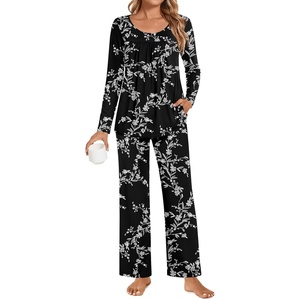 image:imagePOPYOUNG Womens Pajama Set 2 Pieces Fall Pjs Comfy Sleepwear with Pockets  Long Sleeve Top Long Pant Winter Pjs Ladies Pyjamas Lounge set for Daily Wear Nightwear Outfit TravelWhite Fl Carvings