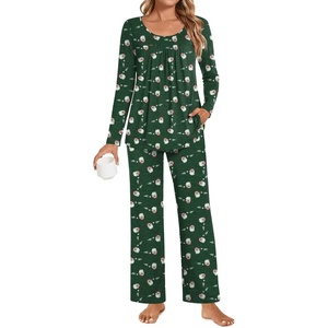 image:imagePOPYOUNG Womens Pajama Set 2 Pieces Fall Pjs Comfy Sleepwear with Pockets  Long Sleeve Top Long Pant Winter Pjs Ladies Pyjamas Lounge set for Daily Wear Nightwear Outfit TravelFloral Christmas Green