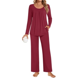 image:imagePOPYOUNG Womens Pajama Set 2 Pieces Fall Pjs Comfy Sleepwear with Pockets  Long Sleeve Top Long Pant Winter Pjs Ladies Pyjamas Lounge set for Daily Wear Nightwear Outfit TravelWine Red