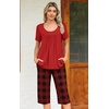 image:imagePOPYOUNG Pajamas for Women Set 2 Piece Summer Lounge Capri Pj Sleepwear  Womens Pajamas Sets Lounge Set Nightwear Comfy for Daily Wear Outfits with Pockets Cooling Pajamas Capri Set for Summer FallRed  Red Plaid 02