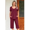 image:imagePOPYOUNG Pajamas for Women Set 2 Piece Summer Lounge Capri Pj Sleepwear  Womens Pajamas Sets Lounge Set Nightwear Comfy for Daily Wear Outfits with Pockets Cooling Pajamas Capri Set for Summer FallWine Red