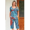 image:imagePOPYOUNG Pajamas for Women Set 2 Piece Summer Lounge Capri Pj Sleepwear  Womens Pajamas Sets Lounge Set Nightwear Comfy for Daily Wear Outfits with Pockets Cooling Pajamas Capri Set for Summer FallFl Mixed Blue