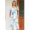 image:imagePOPYOUNG Pajamas for Women Set 2 Piece Summer Lounge Capri Pj Sleepwear  Womens Pajamas Sets Lounge Set Nightwear Comfy for Daily Wear Outfits with Pockets Cooling Pajamas Capri Set for Summer FallLight Blue Floral