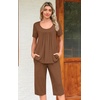 image:imagePOPYOUNG Pajamas for Women Set 2 Piece Summer Lounge Capri Pj Sleepwear  Womens Pajamas Sets Lounge Set Nightwear Comfy for Daily Wear Outfits with Pockets Cooling Pajamas Capri Set for Summer FallBrown