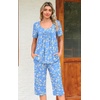 image:imagePOPYOUNG Pajamas for Women Set 2 Piece Summer Lounge Capri Pj Sleepwear  Womens Pajamas Sets Lounge Set Nightwear Comfy for Daily Wear Outfits with Pockets Cooling Pajamas Capri Set for Summer FallLight Blue Floral 2