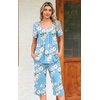 image:imagePOPYOUNG Pajamas for Women Set 2 Piece Summer Lounge Capri Pj Sleepwear  Womens Pajamas Sets Lounge Set Nightwear Comfy for Daily Wear Outfits with Pockets Cooling Pajamas Capri Set for Summer FallFloral Blue