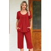 image:imagePOPYOUNG Pajamas for Women Set 2 Piece Summer Lounge Capri Pj Sleepwear  Womens Pajamas Sets Lounge Set Nightwear Comfy for Daily Wear Outfits with Pockets Cooling Pajamas Capri Set for Summer FallRed