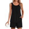 image:imagePOPYOUNG Pajama Set for Women Summer 2 Piece Lounge Shorts Sets Sleepwear  Womens Pajama Sets Cooling pijamas de mujer for Summer with Pockets Sleeveless Nightwear Outfits Pjs Shorts SetBlack