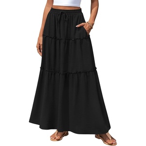 image:imagePOPYOUNG Maxi Skirts for Women Floral Printed Long Flowy Skirt with Pockets  Boho Skirts Trendy Drawstring High Waist Ruffle Casual Loose Fit Long Dress for Summer Teacher Beach Vacation Outfits1black