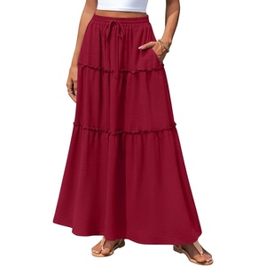 image:imagePOPYOUNG Maxi Skirts for Women Floral Printed Long Flowy Skirt with Pockets  Boho Skirts Trendy Drawstring High Waist Ruffle Casual Loose Fit Long Dress for Summer Teacher Beach Vacation OutfitsWine Red