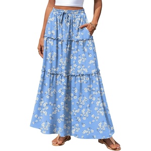 image:imagePOPYOUNG Maxi Skirts for Women Floral Printed Long Flowy Skirt with Pockets  Boho Skirts Trendy Drawstring High Waist Ruffle Casual Loose Fit Long Dress for Summer Teacher Beach Vacation OutfitsLight Blue Floral