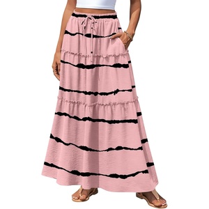 image:imagePOPYOUNG Maxi Skirts for Women Floral Printed Long Flowy Skirt with Pockets  Boho Skirts Trendy Drawstring High Waist Ruffle Casual Loose Fit Long Dress for Summer Teacher Beach Vacation OutfitsStripes Burnt Rose