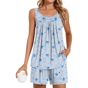 image:imagePOPYOUNG Pajama Set for Women Summer 2 Piece Lounge Shorts Sets Sleepwear  Womens Pajama Sets Cooling pijamas de mujer for Summer with Pockets Sleeveless Nightwear Outfits Pjs Shorts SetGrey Stars Moon