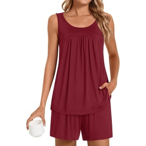 image:imagePOPYOUNG Pajama Set for Women Summer 2 Piece Lounge Shorts Sets Sleepwear  Womens Pajama Sets Cooling pijamas de mujer for Summer with Pockets Sleeveless Nightwear Outfits Pjs Shorts SetWine Red