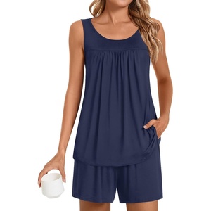 image:imagePOPYOUNG Pajama Set for Women Summer 2 Piece Lounge Shorts Sets Sleepwear  Womens Pajama Sets Cooling pijamas de mujer for Summer with Pockets Sleeveless Nightwear Outfits Pjs Shorts SetNavy