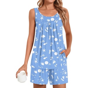 image:imagePOPYOUNG Pajama Set for Women Summer 2 Piece Lounge Shorts Sets Sleepwear  Womens Pajama Sets Cooling pijamas de mujer for Summer with Pockets Sleeveless Nightwear Outfits Pjs Shorts SetOcean Anchor