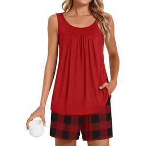 image:imagePOPYOUNG Pajama Set for Women Summer 2 Piece Lounge Shorts Sets Sleepwear  Womens Pajama Sets Cooling pijamas de mujer for Summer with Pockets Sleeveless Nightwear Outfits Pjs Shorts SetRed  Red Plaid 02