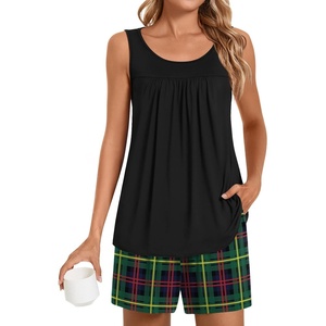 image:imagePOPYOUNG Pajama Set for Women Summer 2 Piece Lounge Shorts Sets Sleepwear  Womens Pajama Sets Cooling pijamas de mujer for Summer with Pockets Sleeveless Nightwear Outfits Pjs Shorts SetBlack  Green Plaid 01