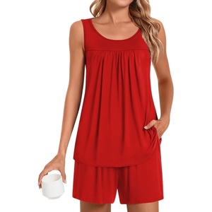 image:imagePOPYOUNG Pajama Set for Women Summer 2 Piece Lounge Shorts Sets Sleepwear  Womens Pajama Sets Cooling pijamas de mujer for Summer with Pockets Sleeveless Nightwear Outfits Pjs Shorts SetRed