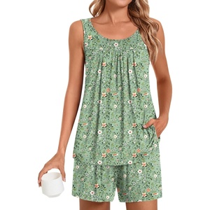 image:imagePOPYOUNG Pajama Set for Women Summer 2 Piece Lounge Shorts Sets Sleepwear  Womens Pajama Sets Cooling pijamas de mujer for Summer with Pockets Sleeveless Nightwear Outfits Pjs Shorts Set03floral Green