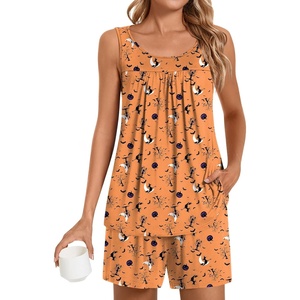 image:imagePOPYOUNG Pajama Set for Women Summer 2 Piece Lounge Shorts Sets Sleepwear  Womens Pajama Sets Cooling pijamas de mujer for Summer with Pockets Sleeveless Nightwear Outfits Pjs Shorts SetHalloween Orange