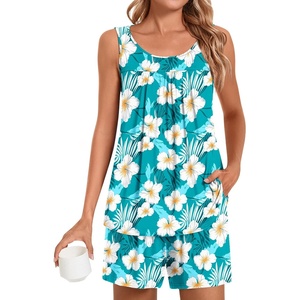 image:imagePOPYOUNG Pajama Set for Women Summer 2 Piece Lounge Shorts Sets Sleepwear  Womens Pajama Sets Cooling pijamas de mujer for Summer with Pockets Sleeveless Nightwear Outfits Pjs Shorts Set07blue White Freesias