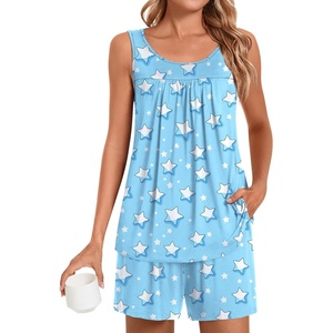 image:imagePOPYOUNG Pajama Set for Women Summer 2 Piece Lounge Shorts Sets Sleepwear  Womens Pajama Sets Cooling pijamas de mujer for Summer with Pockets Sleeveless Nightwear Outfits Pjs Shorts SetLight Blue Stars