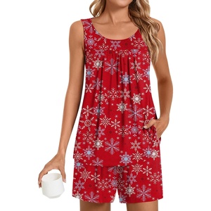 image:imagePOPYOUNG Pajama Set for Women Summer 2 Piece Lounge Shorts Sets Sleepwear  Womens Pajama Sets Cooling pijamas de mujer for Summer with Pockets Sleeveless Nightwear Outfits Pjs Shorts SetChristmas Snow Red