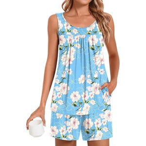 image:imagePOPYOUNG Pajama Set for Women Summer 2 Piece Lounge Shorts Sets Sleepwear  Womens Pajama Sets Cooling pijamas de mujer for Summer with Pockets Sleeveless Nightwear Outfits Pjs Shorts SetFloral Blue
