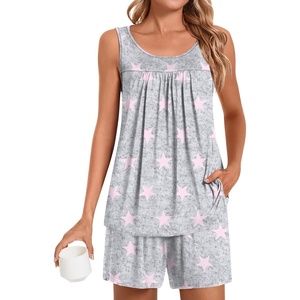 image:imagePOPYOUNG Pajama Set for Women Summer 2 Piece Lounge Shorts Sets Sleepwear  Womens Pajama Sets Cooling pijamas de mujer for Summer with Pockets Sleeveless Nightwear Outfits Pjs Shorts Set02pink Star