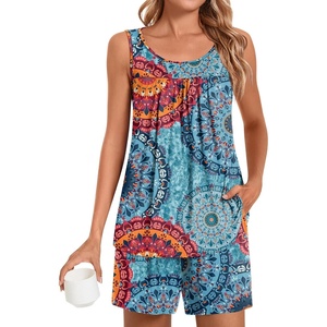 image:imagePOPYOUNG Pajama Set for Women Summer 2 Piece Lounge Shorts Sets Sleepwear  Womens Pajama Sets Cooling pijamas de mujer for Summer with Pockets Sleeveless Nightwear Outfits Pjs Shorts SetFl Mixed Blue