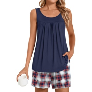 image:imagePOPYOUNG Pajama Set for Women Summer 2 Piece Lounge Shorts Sets Sleepwear  Womens Pajama Sets Cooling pijamas de mujer for Summer with Pockets Sleeveless Nightwear Outfits Pjs Shorts SetNavy  Red Blue Plaid