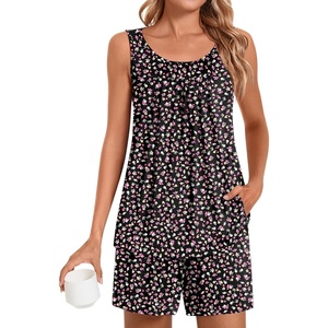 image:imagePOPYOUNG Pajama Set for Women Summer 2 Piece Lounge Shorts Sets Sleepwear  Womens Pajama Sets Cooling pijamas de mujer for Summer with Pockets Sleeveless Nightwear Outfits Pjs Shorts SetLittle Flower Bk