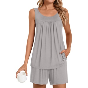 image:imagePOPYOUNG Pajama Set for Women Summer 2 Piece Lounge Shorts Sets Sleepwear  Womens Pajama Sets Cooling pijamas de mujer for Summer with Pockets Sleeveless Nightwear Outfits Pjs Shorts SetGrey