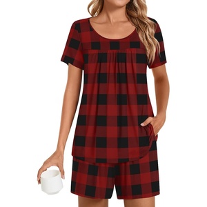 image:imagePOPYOUNG Pajama for Women Set Summer Pjs Lounge Shorts Sets Soft Sleepwear  2 Piece Outfits Womens Set Cooling pajamas with Pockets Lounge sets Casual for Daily Wear NightwearRed Plaid 02