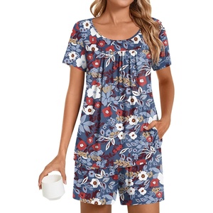 image:imagePOPYOUNG Pajama for Women Set Summer Pjs Lounge Shorts Sets Soft Sleepwear  2 Piece Outfits Womens Set Cooling pajamas with Pockets Lounge sets Casual for Daily Wear NightwearBlue Mixed Flowers