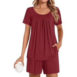 image:imagePOPYOUNG Pajama for Women Set Summer Pjs Lounge Shorts Sets Soft Sleepwear  2 Piece Outfits Womens Set Cooling pajamas with Pockets Lounge sets Casual for Daily Wear NightwearWine Red