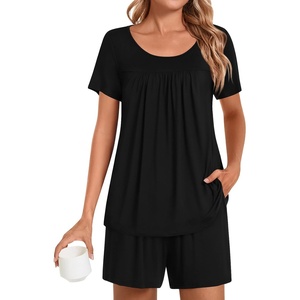 image:imagePOPYOUNG Pajama for Women Set Summer Pjs Lounge Shorts Sets Soft Sleepwear  2 Piece Outfits Womens Set Cooling pajamas with Pockets Lounge sets Casual for Daily Wear NightwearBlack
