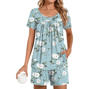 image:imagePOPYOUNG Pajama for Women Set Summer Pjs Lounge Shorts Sets Soft Sleepwear  2 Piece Outfits Womens Set Cooling pajamas with Pockets Lounge sets Casual for Daily Wear NightwearGray Begonia Flower