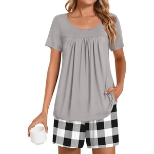 image:imagePOPYOUNG Pajama for Women Set Summer Pjs Lounge Shorts Sets Soft Sleepwear  2 Piece Outfits Womens Set Cooling pajamas with Pockets Lounge sets Casual for Daily Wear NightwearGrey  Black White Plaid 02