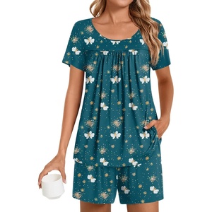 image:imagePOPYOUNG Pajama for Women Set Summer Pjs Lounge Shorts Sets Soft Sleepwear  2 Piece Outfits Womens Set Cooling pajamas with Pockets Lounge sets Casual for Daily Wear Nightwear1dark Green Butterfly