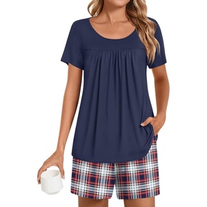 image:imagePOPYOUNG Pajama for Women Set Summer Pjs Lounge Shorts Sets Soft Sleepwear  2 Piece Outfits Womens Set Cooling pajamas with Pockets Lounge sets Casual for Daily Wear NightwearNavy  Red Blue Plaid