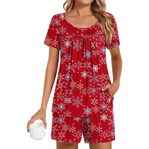 image:imagePOPYOUNG Pajama for Women Set Summer Pjs Lounge Shorts Sets Soft Sleepwear  2 Piece Outfits Womens Set Cooling pajamas with Pockets Lounge sets Casual for Daily Wear NightwearChristmas Snow Red